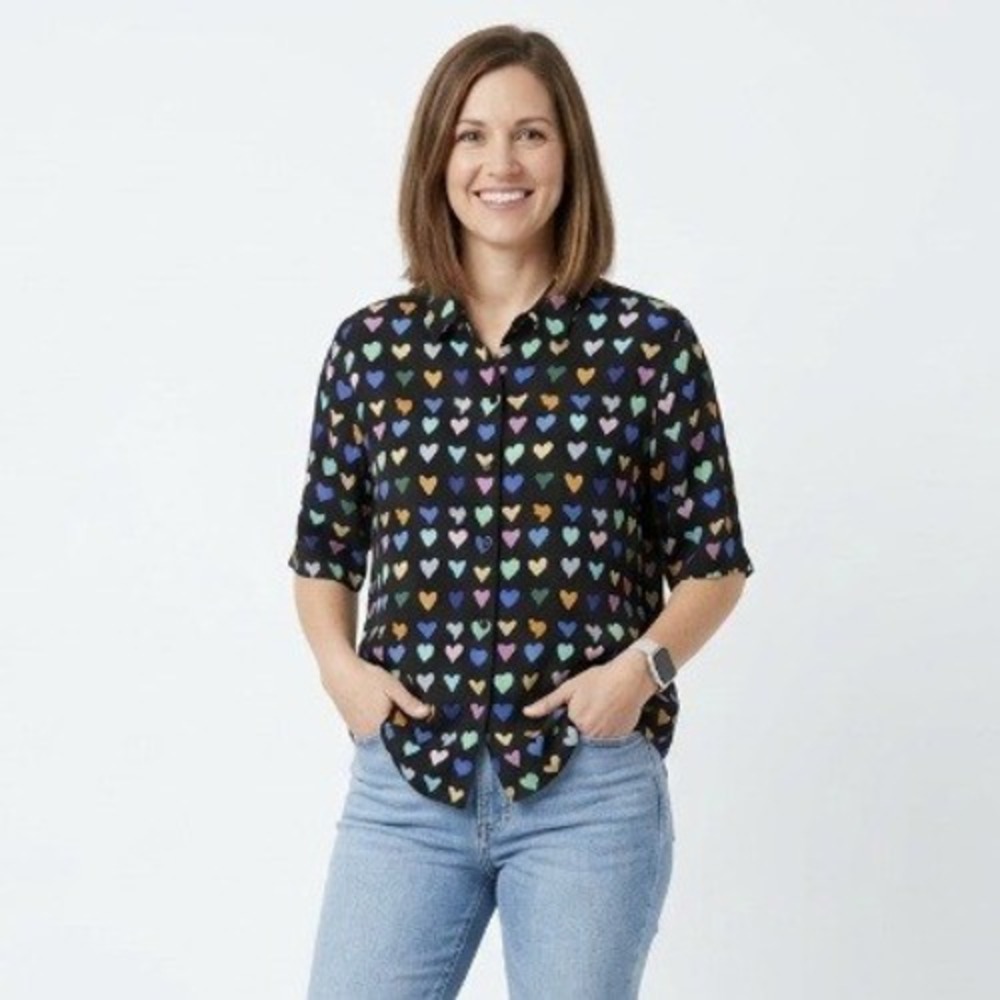 New AP.NY Medium Colorful Heart Print Novelty Relaxed Short Sleeve Button Down